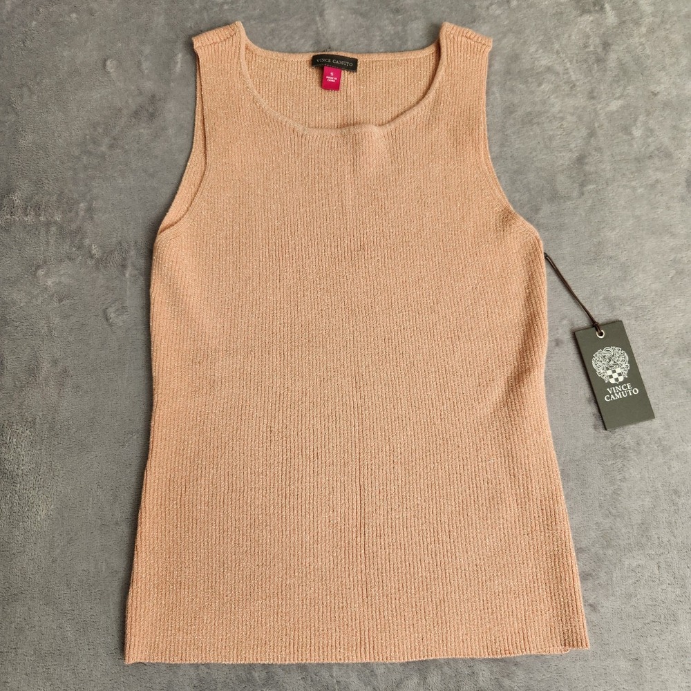 New Vince Camuto Metallic Shimmer Knit Tank Top Coral Gold Ribbed Shell S NWT